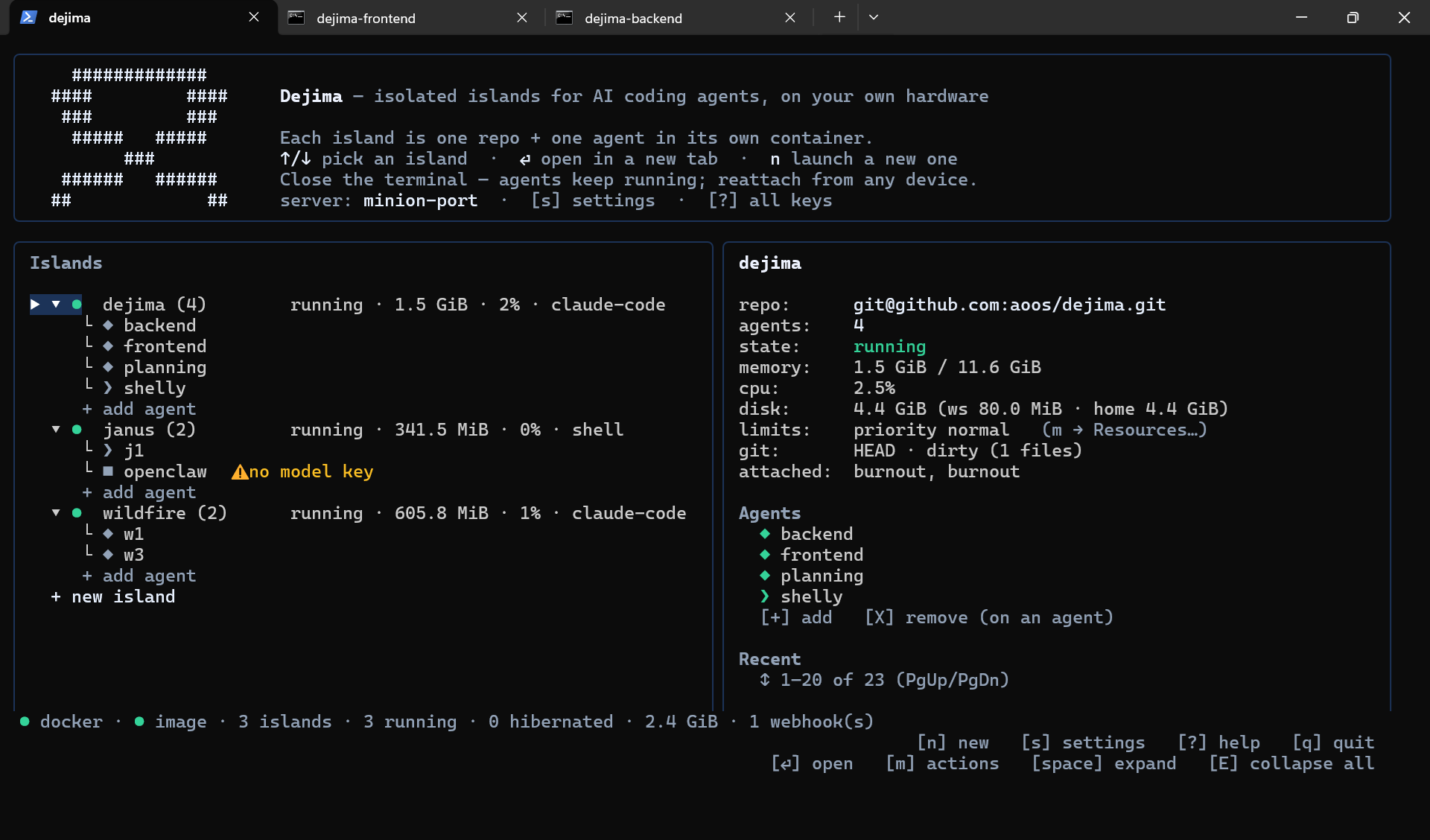 The Dejima TUI: a live dashboard listing islands (dejima, janus, wildfire) and the agents running in each — with status, memory and CPU use, and a detail panel for the selected island.
